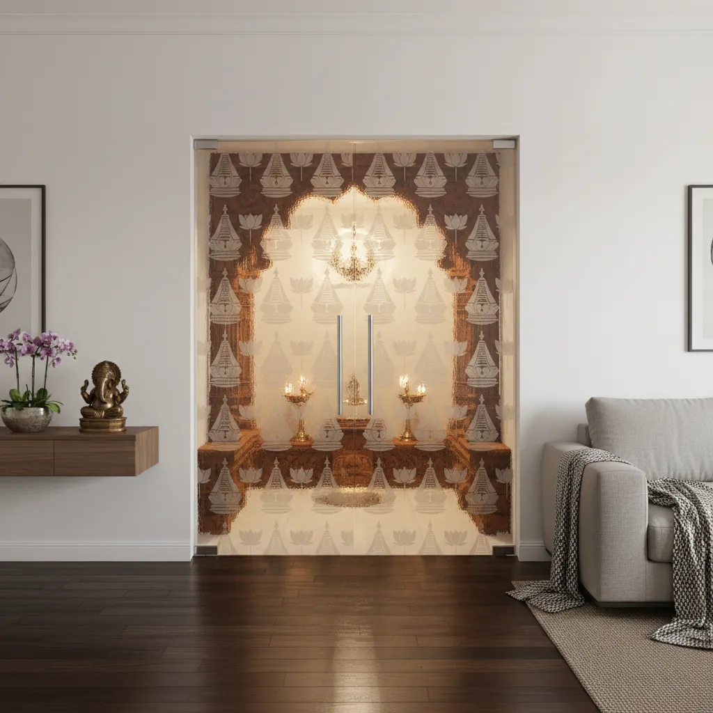 Etched glass double doors with temple motif for pooja room