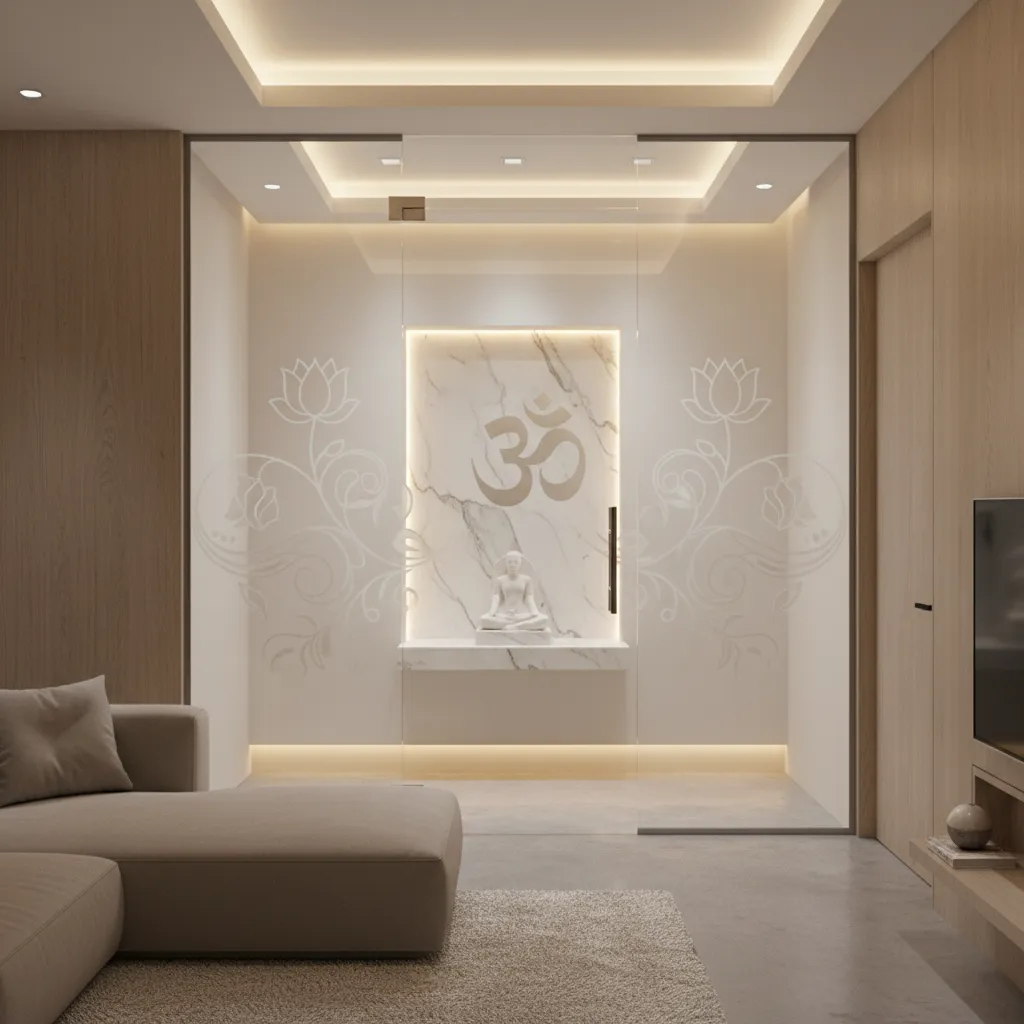 etched Om pattern glass door for pooja room