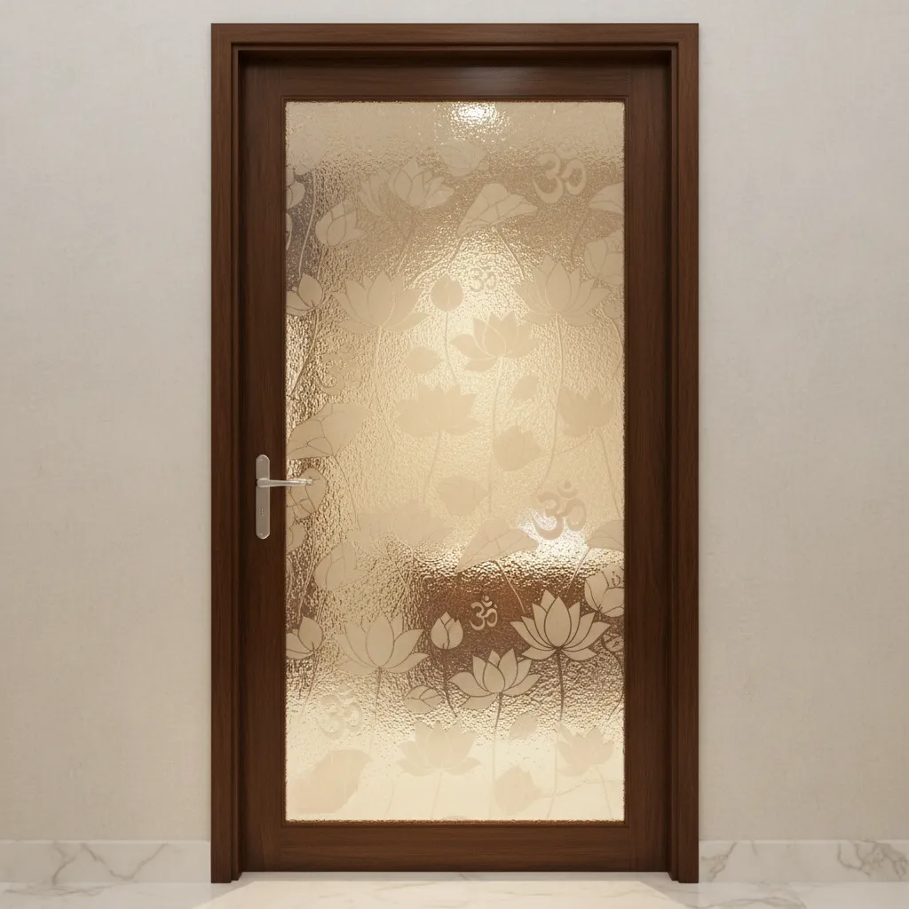 etched lotus pattern on pooja room glass door