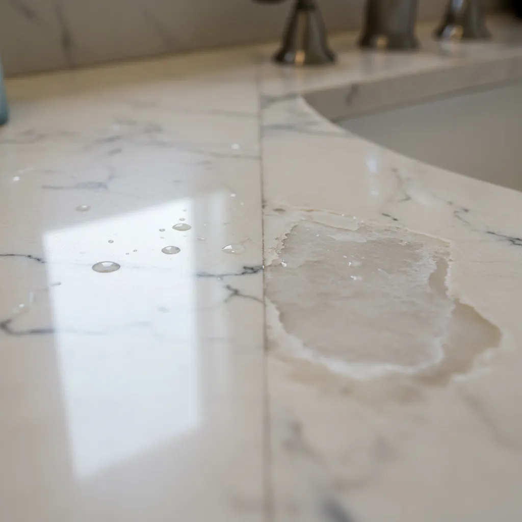 White marble countertop with water droplets and a large dull stain near the bathroom sink