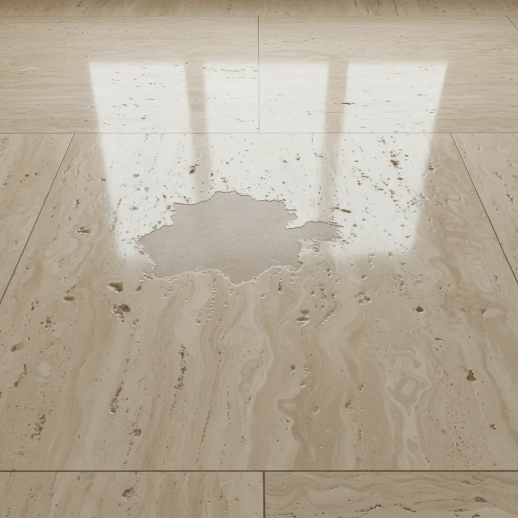 Close up of travertine tile with etched dull spot caused by acidic spill