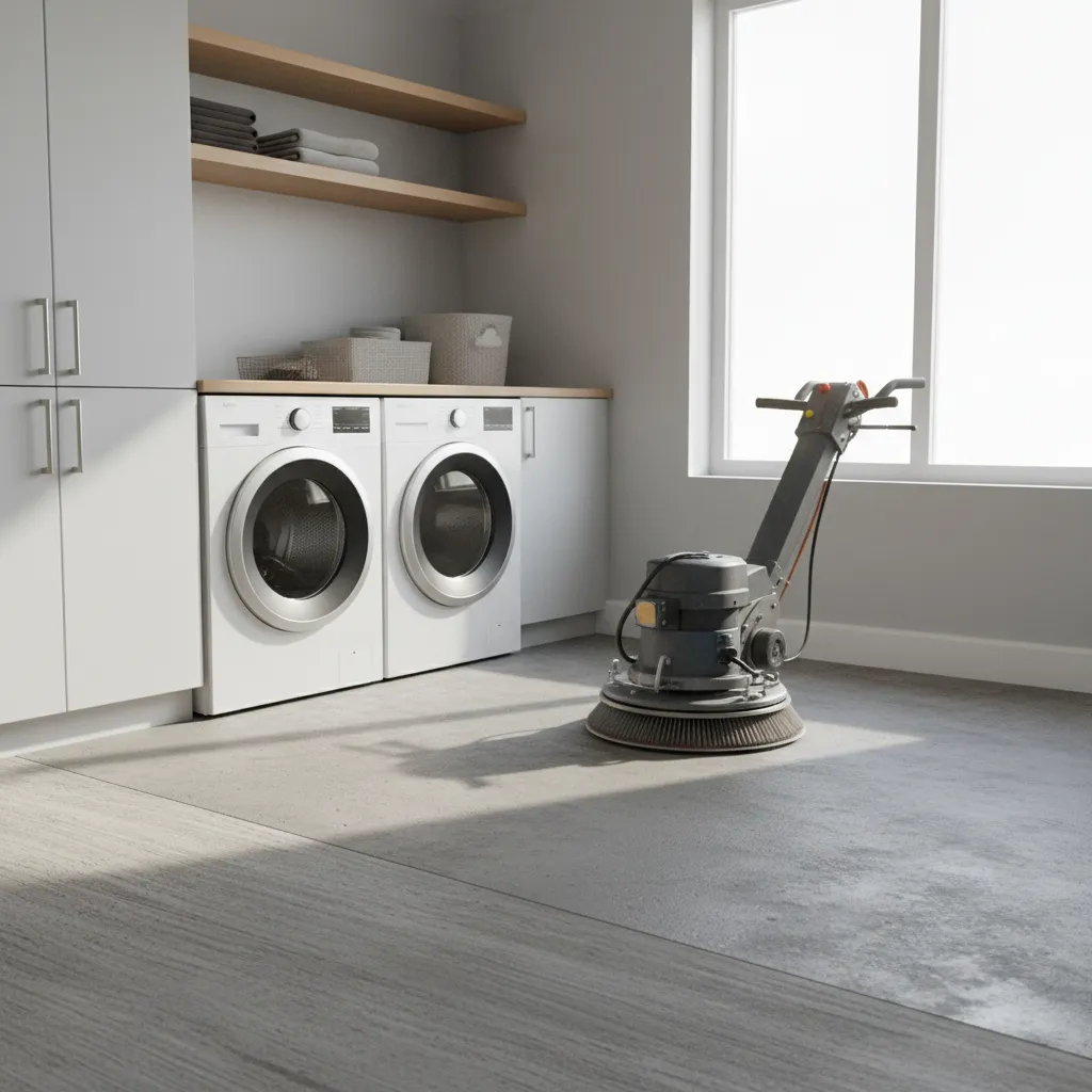 Sanding concrete floor surface in laundry room to prepare for floor paint