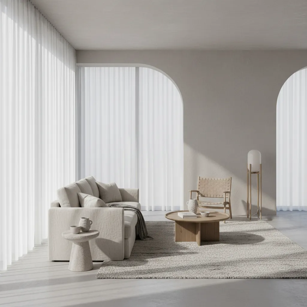 Interior con paleta de colores beige, blanco roto y gris suave