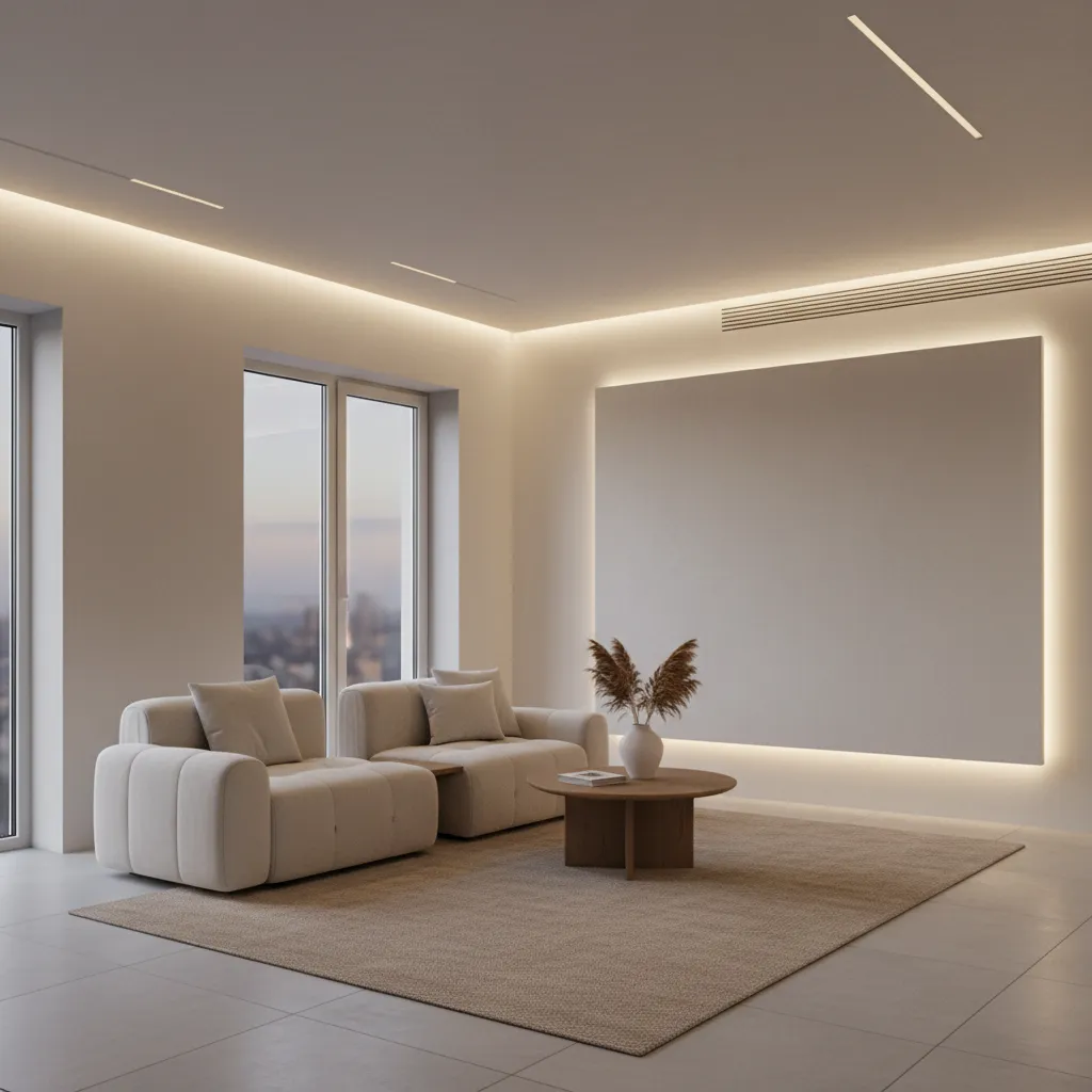 Iluminación indirecta en salón con estilo etéreo