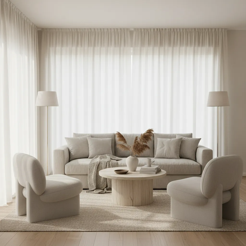Sala de estar con colores neutros, cortinas ligeras y diseño etéreo