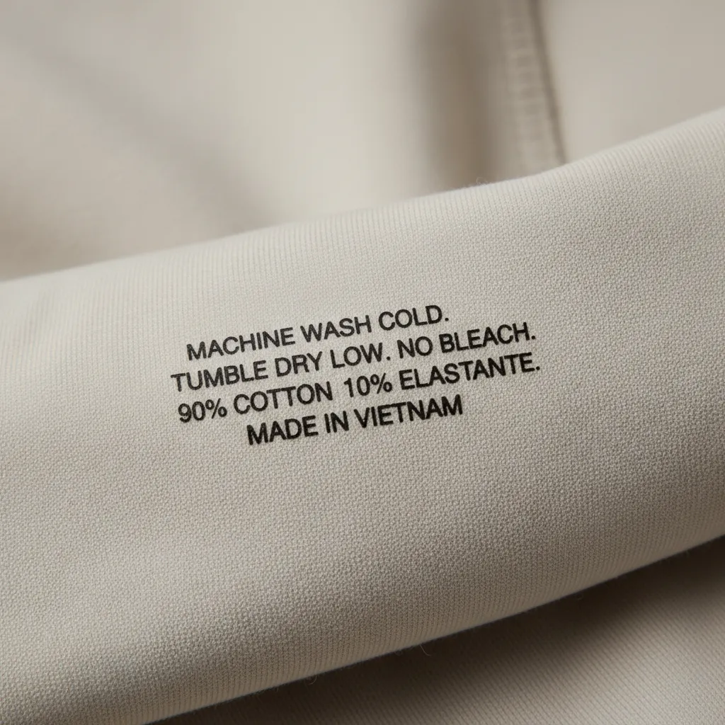 Printed clothing label on beige fabric showing wash care instructions and cotton material content details