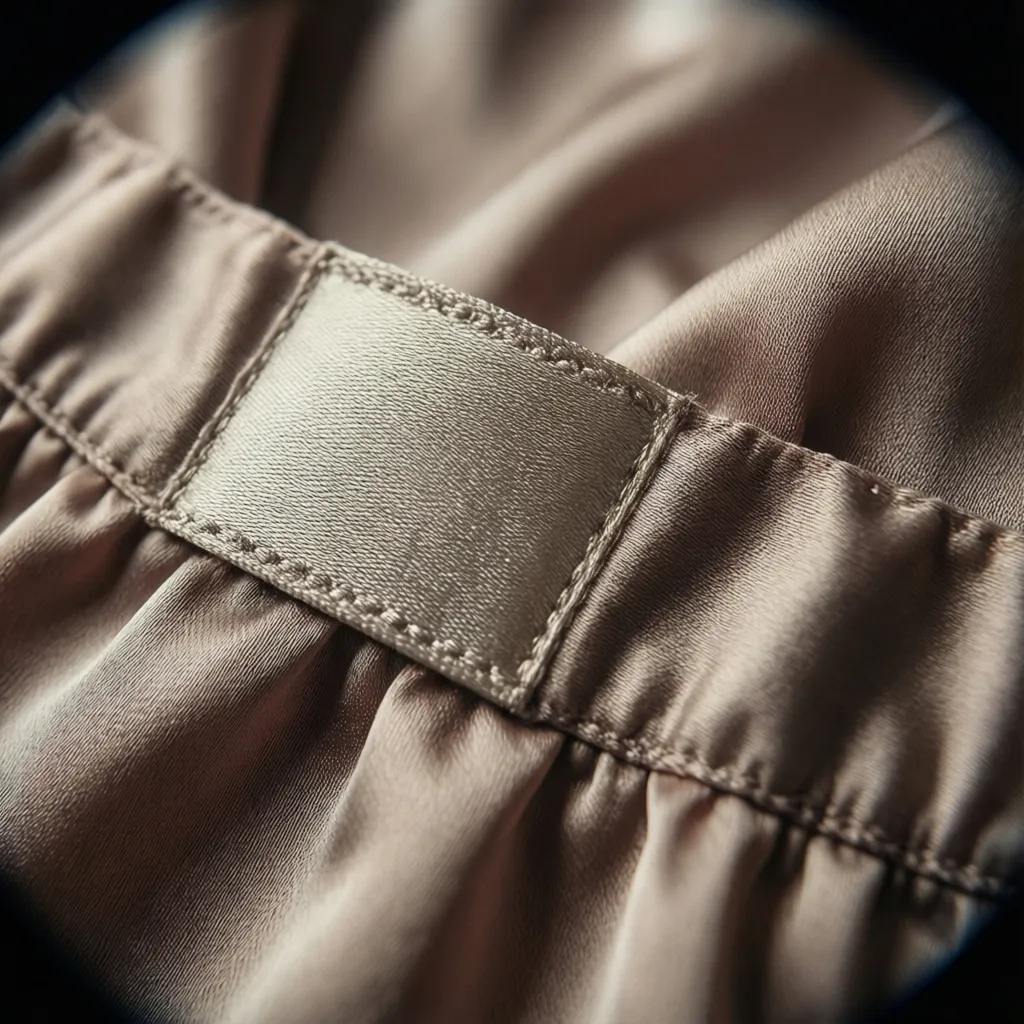 Shiny satin label stitched onto the waistband of brown silk fabric with a gathered design