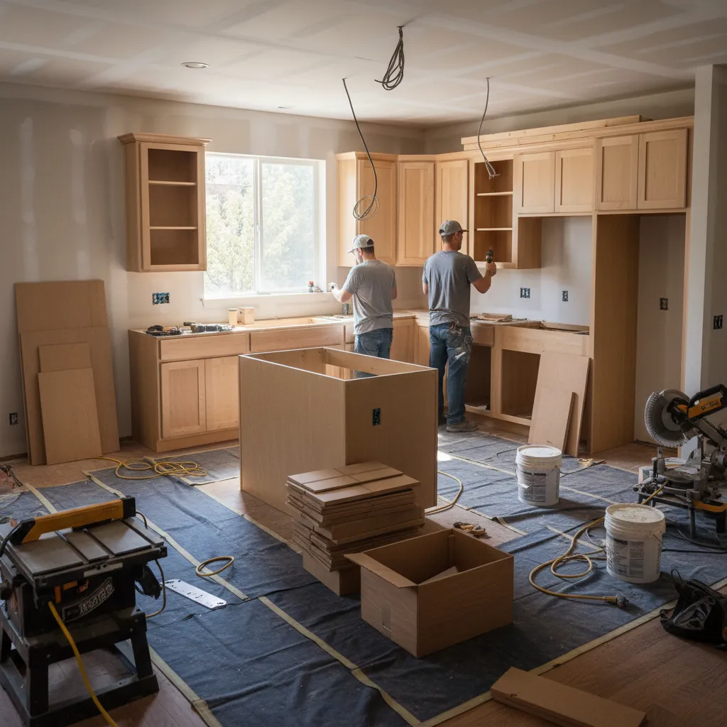 Kitchen renovation in progress with contractors installing cabinets in Eugene Oregon home