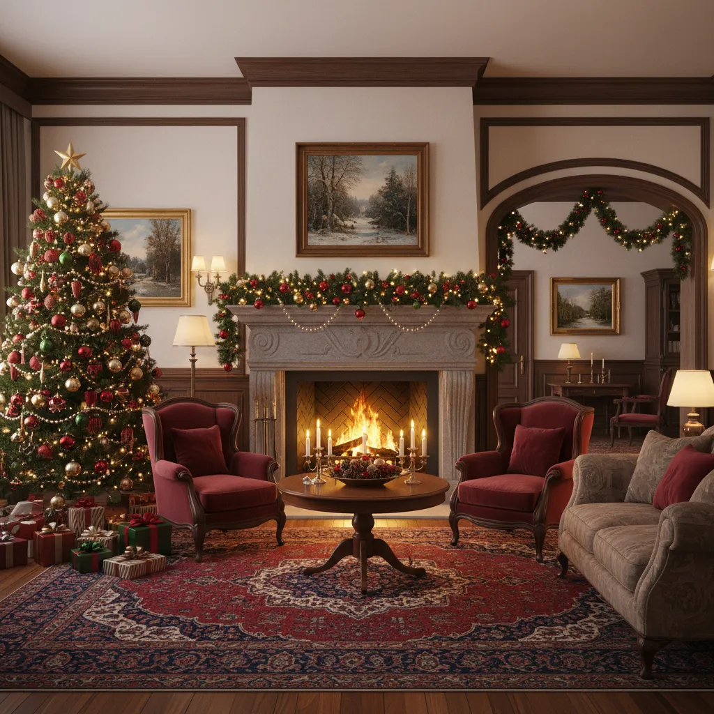 European living room decorated for Christmas with traditional ornaments and warm lights