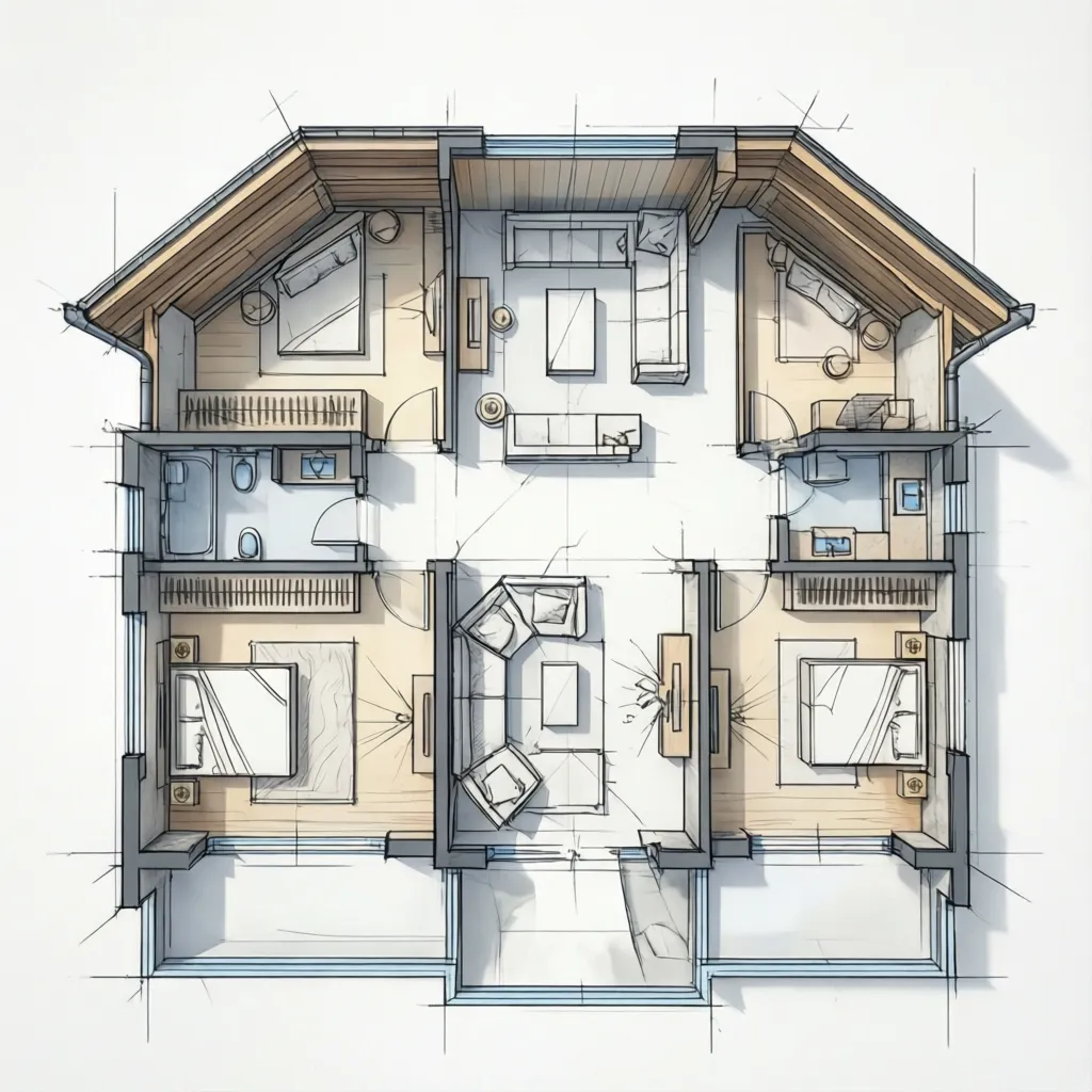 Plano arquitectónico de una casa europea con distribución eficiente