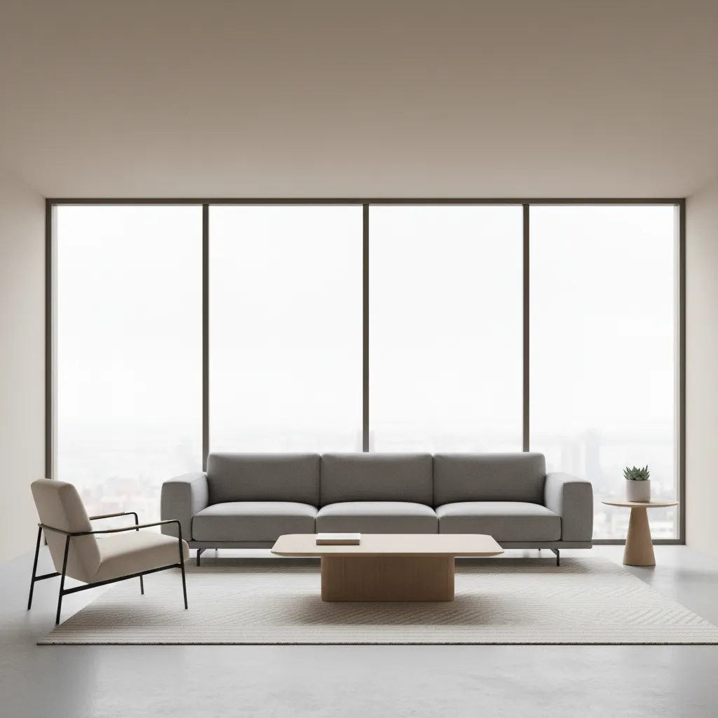 Minimalist European living room layout illustrating furniture spacing and architectural composition
