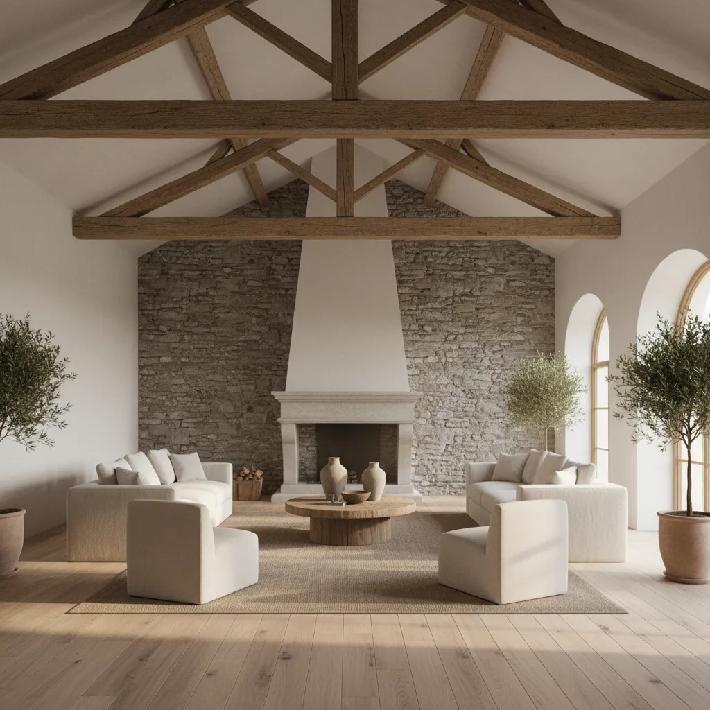 Interior europeo con madera, piedra y materiales naturales