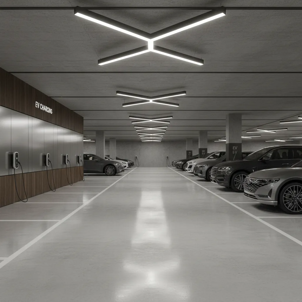 electric vehicle charging stations installed in underground parking garage