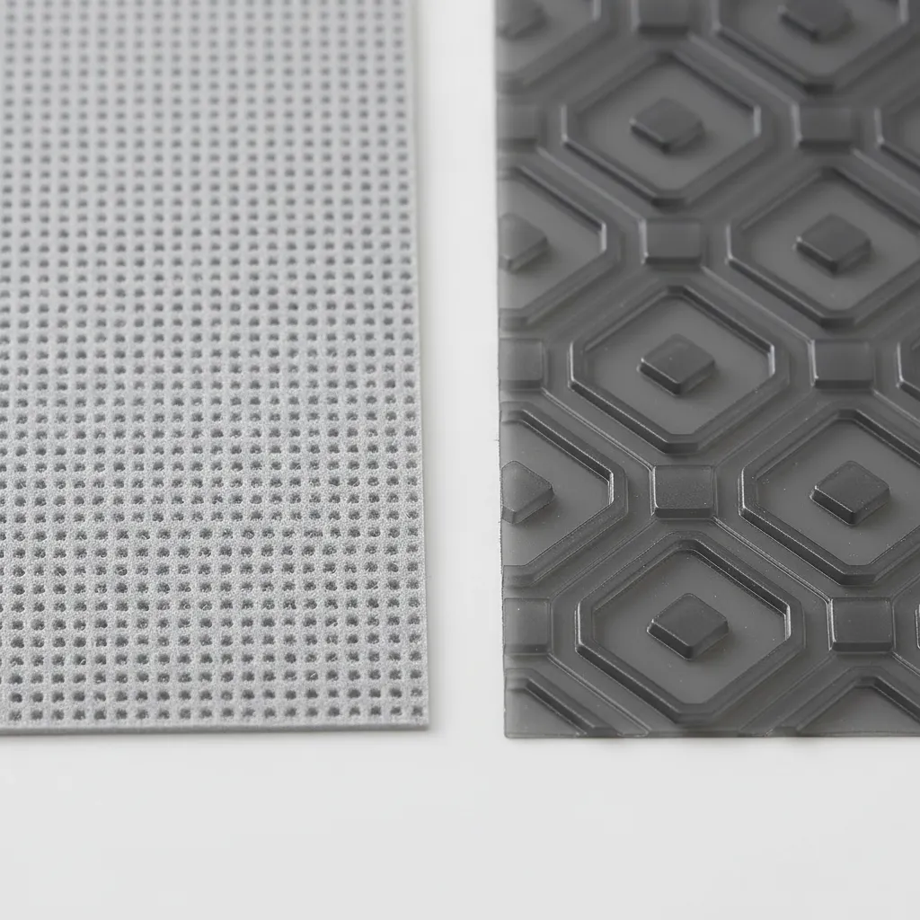 Close up comparison of EVA foam and PVC drawer liner textures