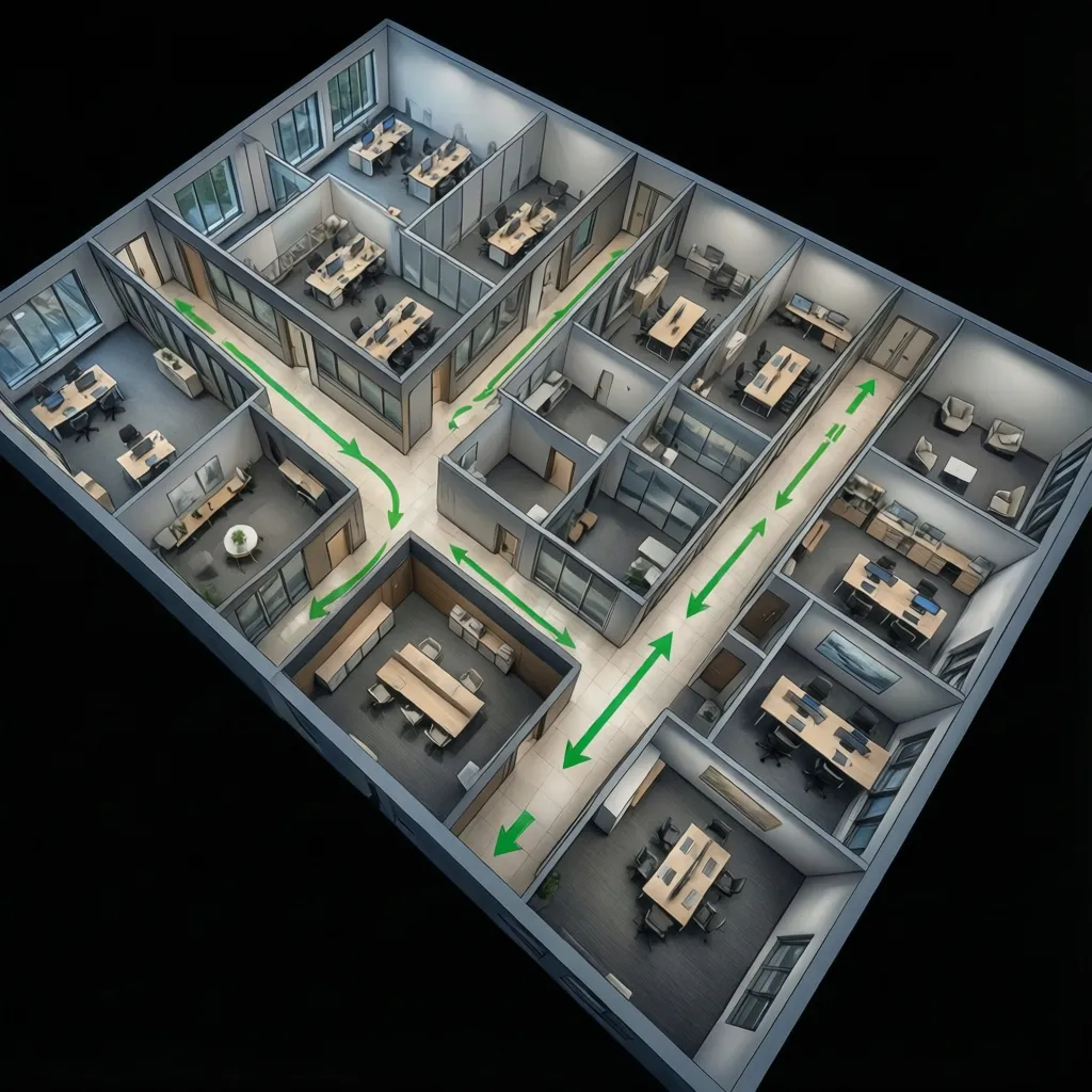 building interior layout showing people evacuation flow paths toward multiple exits