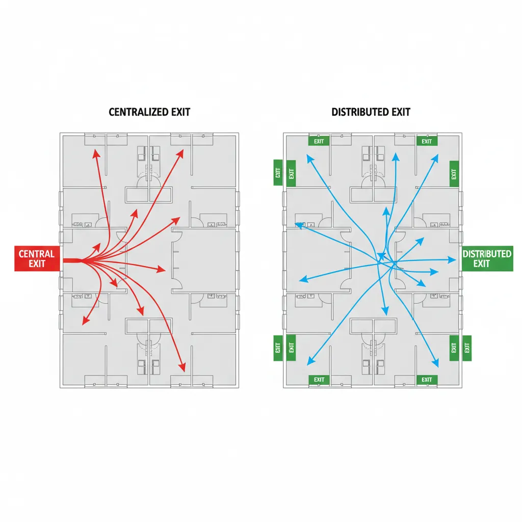 Evacuation flow comparison between centralized and distributed exits