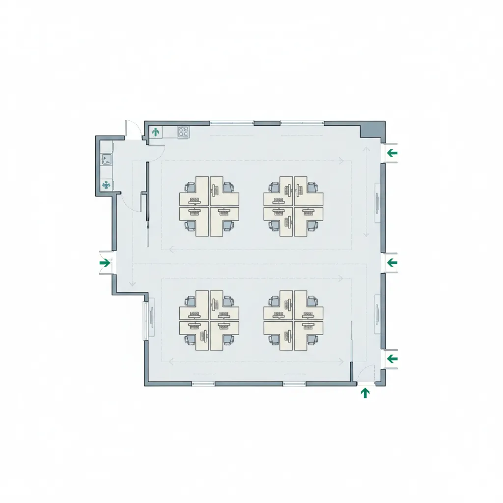 small office floor plan showing evacuation path through desks and hallway
