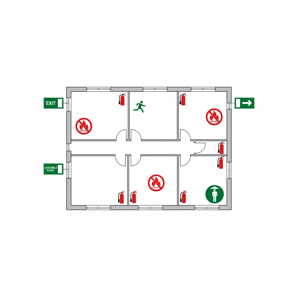 Emergency floor plan symbols including fire extinguisher exit and assembly point
