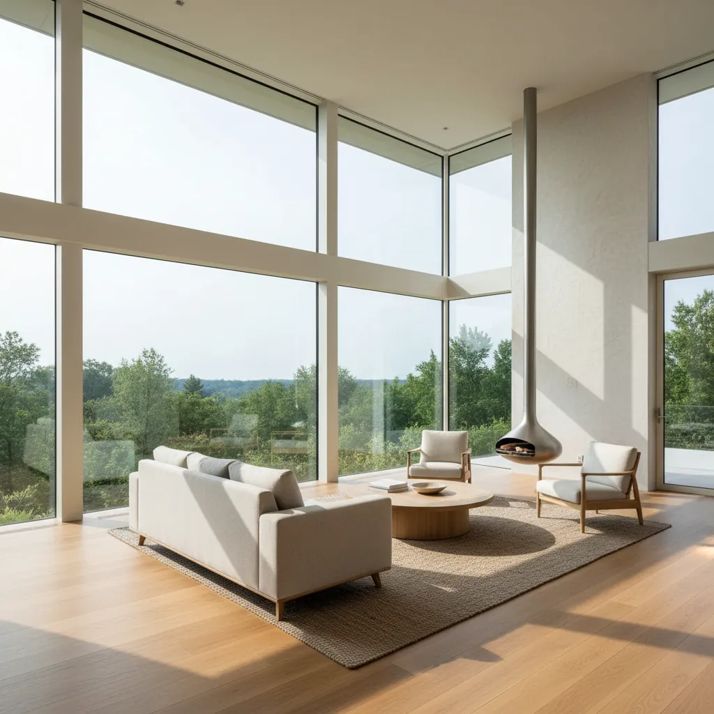 Interior de casa con buena iluminación natural desde grandes ventanas