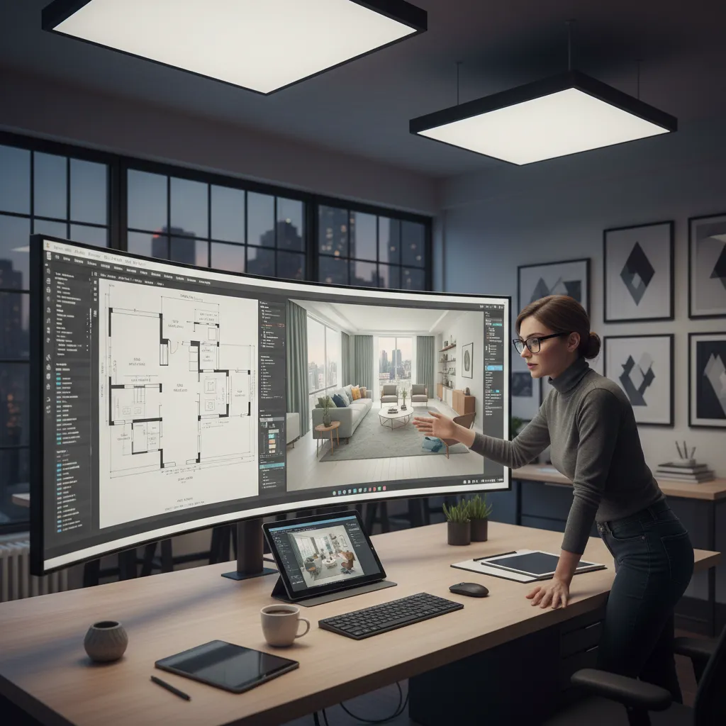 Diseñador revisando la distribución de una sala en pantalla