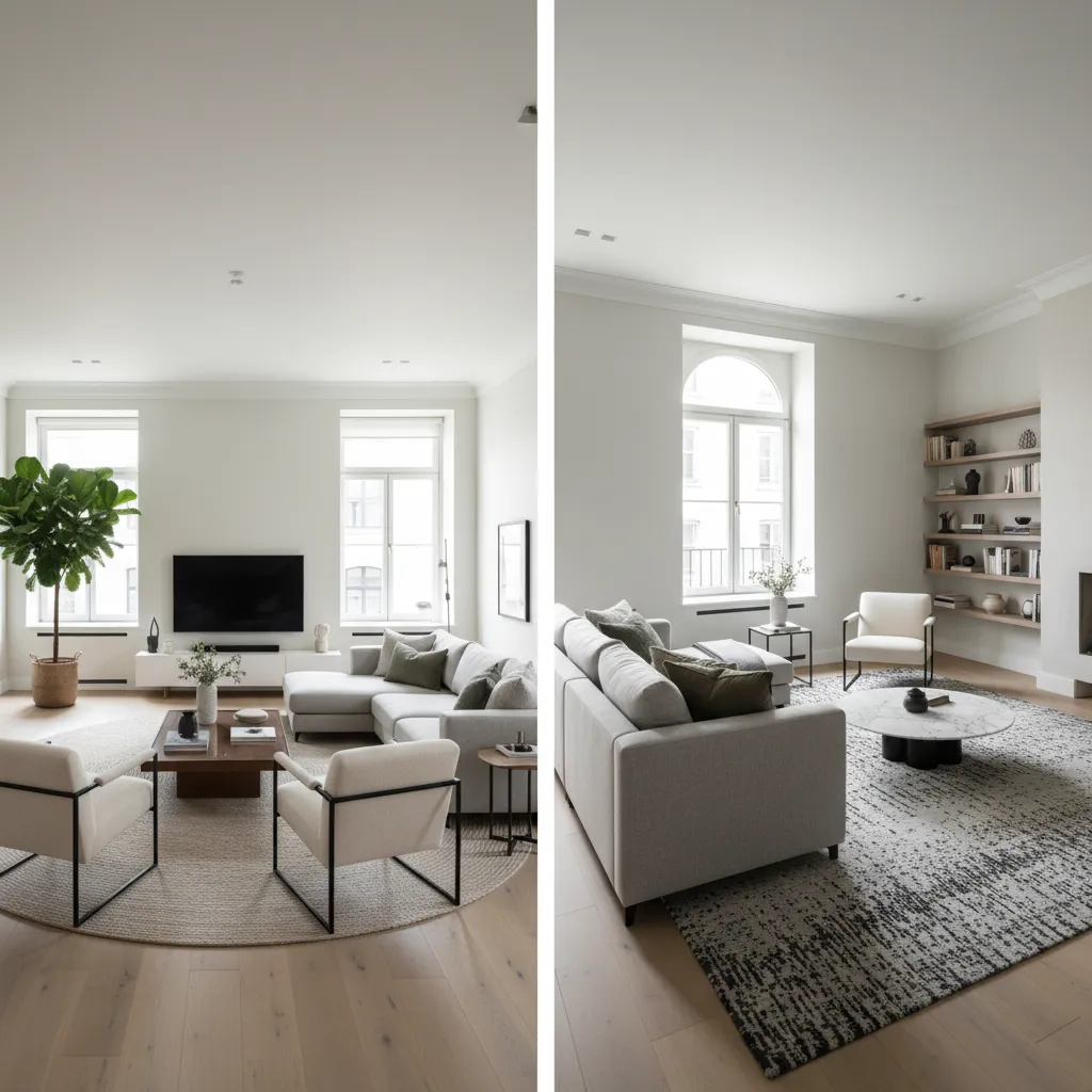 Salón con diferentes opciones de distribución de muebles