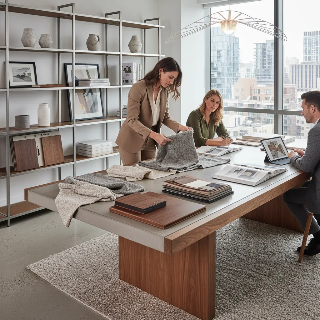 Diseñador revisando muestras de materiales y catálogos