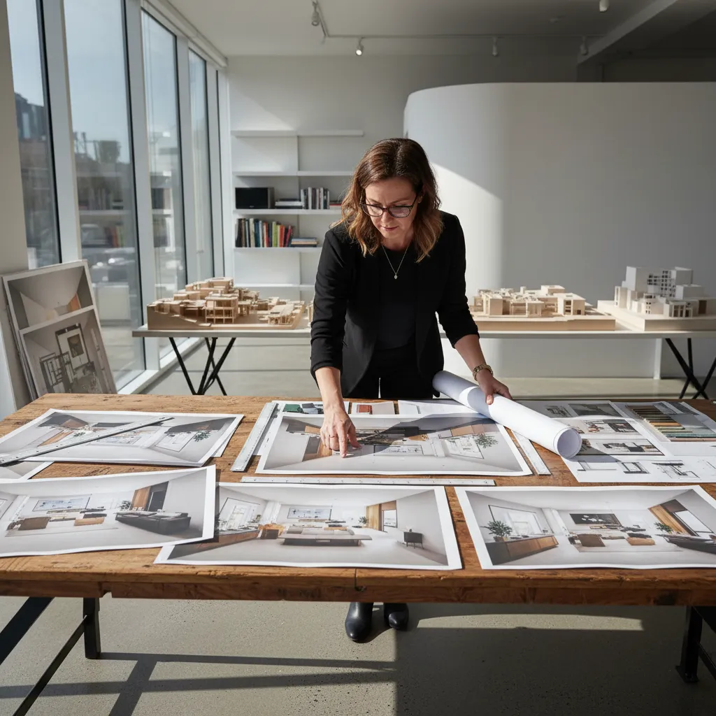 Diseñador revisando renders y planos antes de una reforma