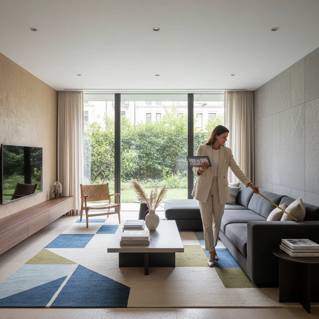 Professional woman holding tablet while measuring a grey sofa in a large modern living room