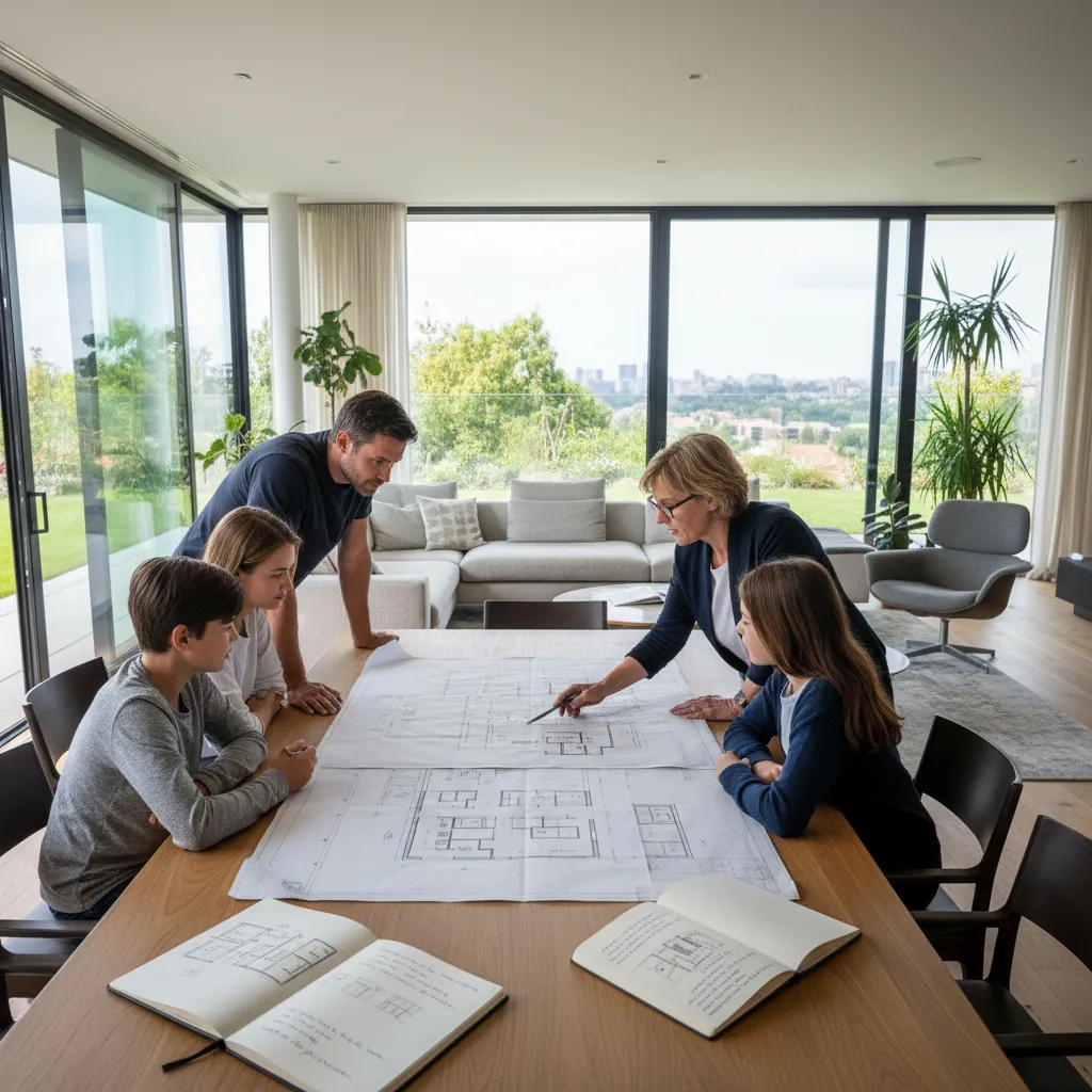 Familia revisando el plano de su futura casa sobre una mesa