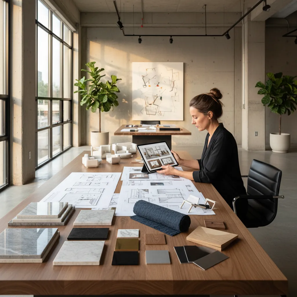 Female designer reviews floor plans and material samples on a large wooden table in studio