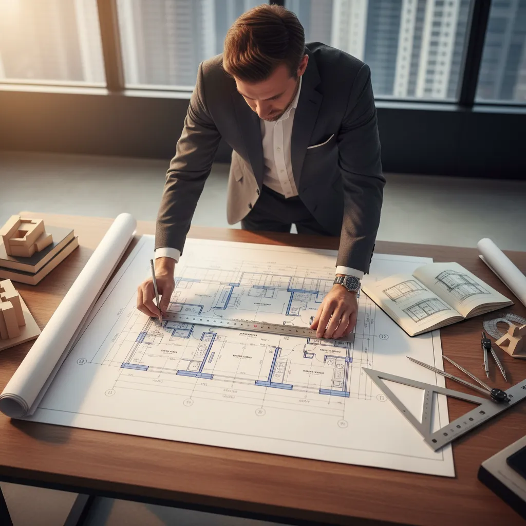 Professional man in suit drawing a floor plan layout on a large wooden office desk