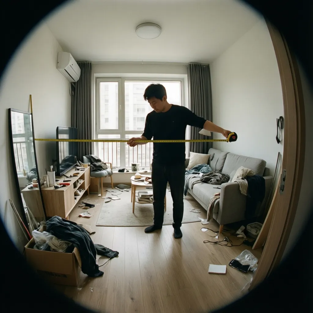 Person standing in a small apartment den evaluating the space during a tour
