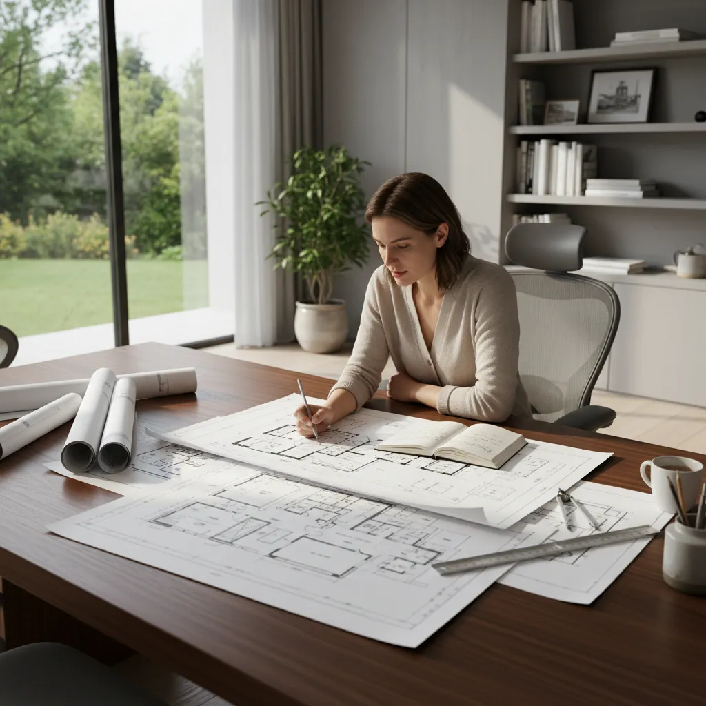 homeowner comparing printed house floor plans on a table