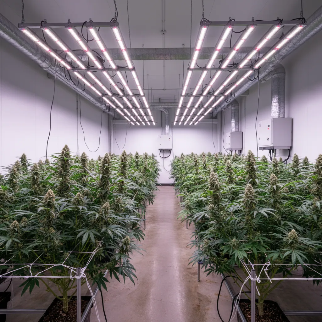 Even plant canopy with grow lights evenly illuminating all bud sites