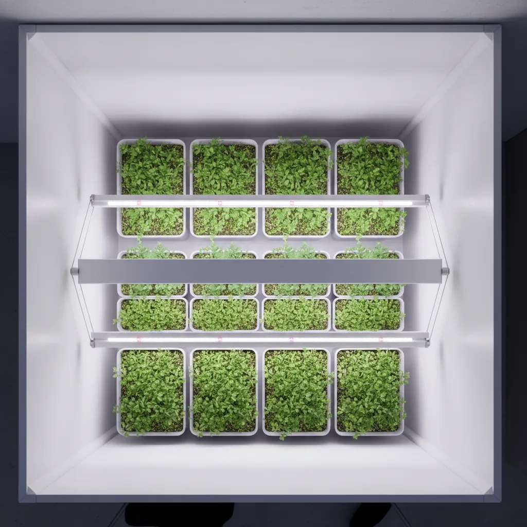 Indoor seed trays arranged under centered grow light for even distribution