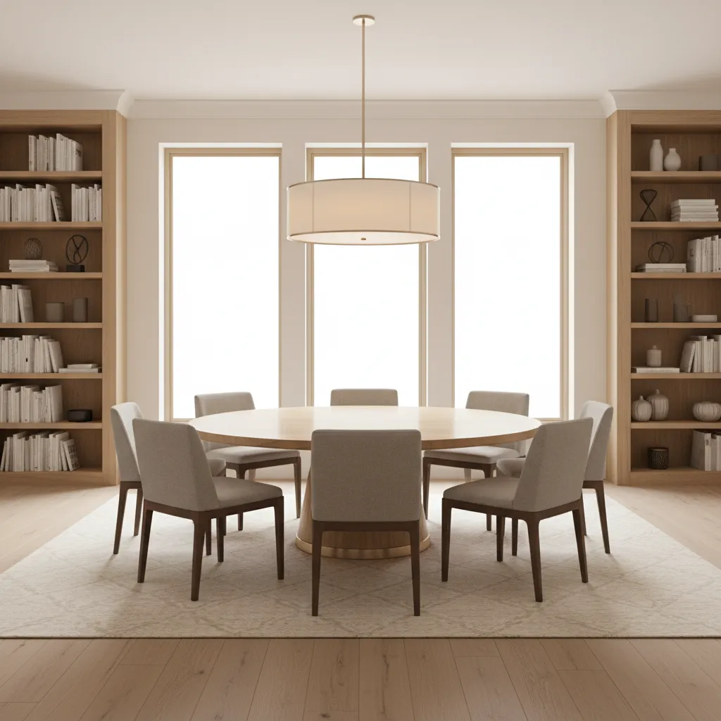 round dining table with evenly spaced chairs in balanced layout