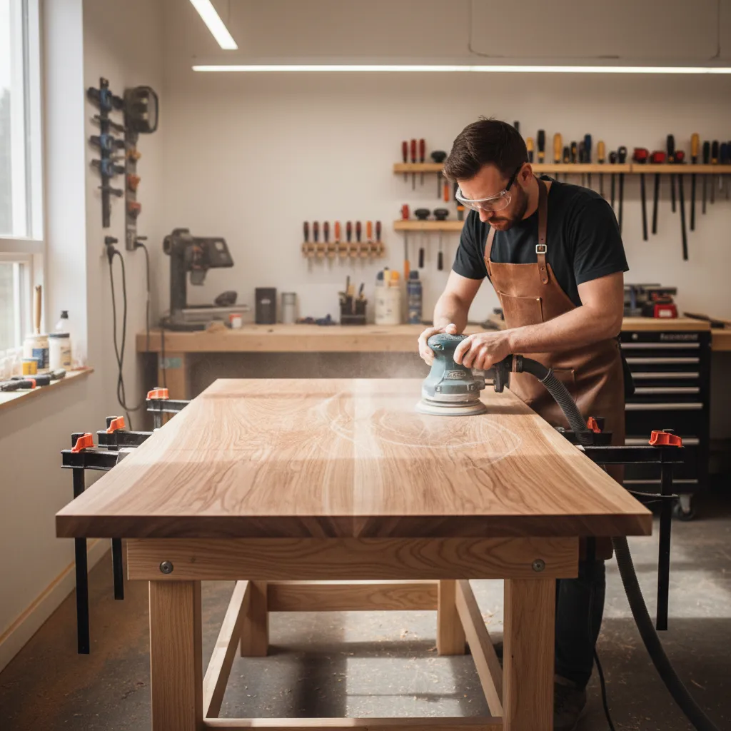 Worker sanding wood panel evenly with orbital sander