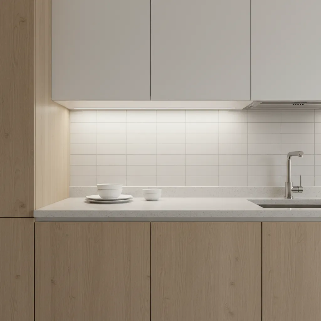 diagram style kitchen cabinet lighting showing correct LED strip placement under cabinets
