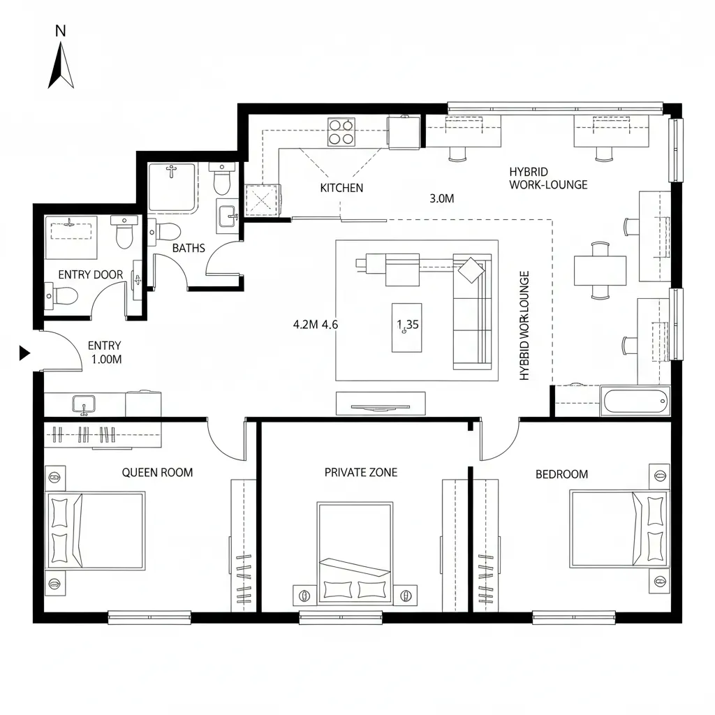 Top-down CAD plan showing a west-facing veranda with sliding interface configured as a work-lounge