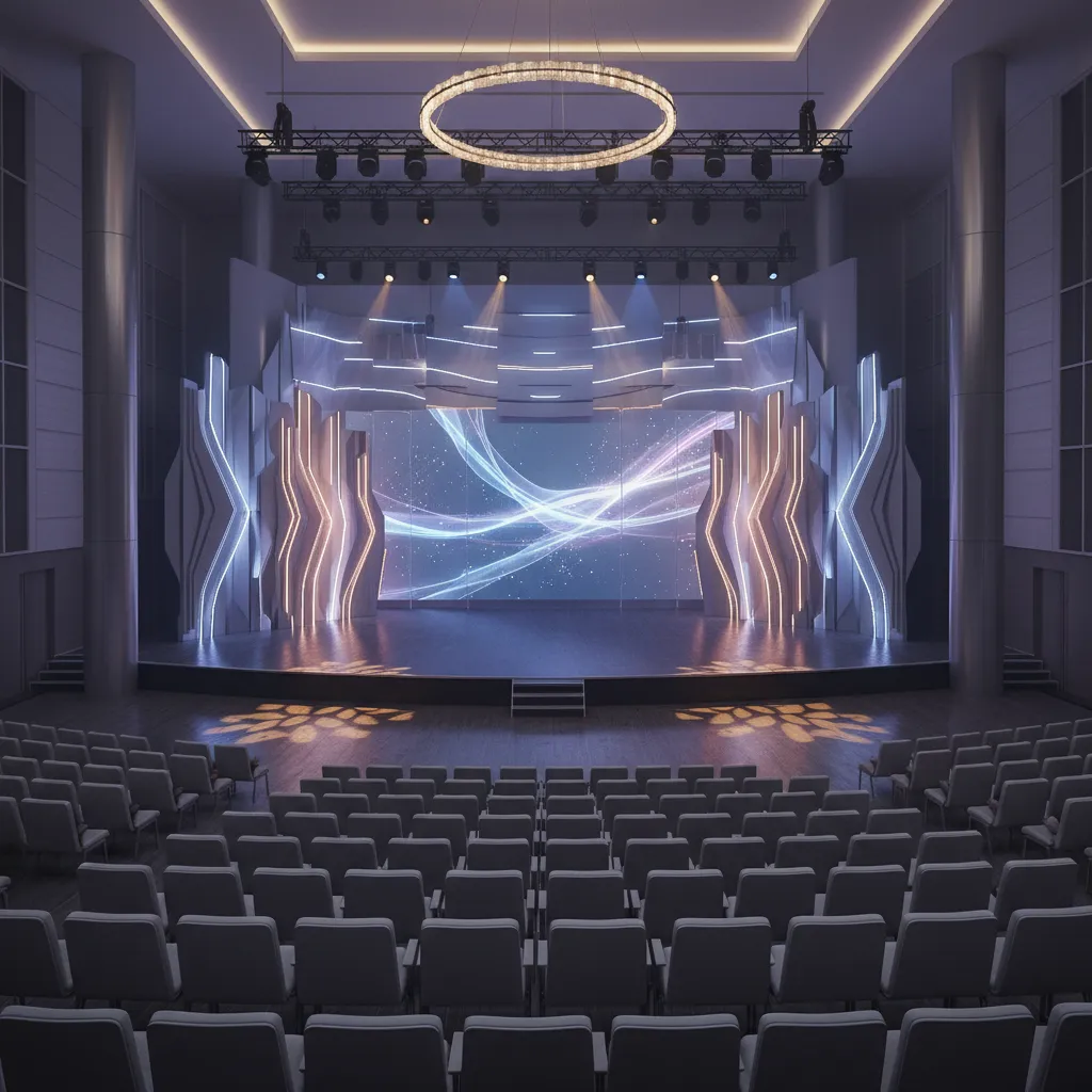 Event venue stage with modular AU decor backdrop lighting installation