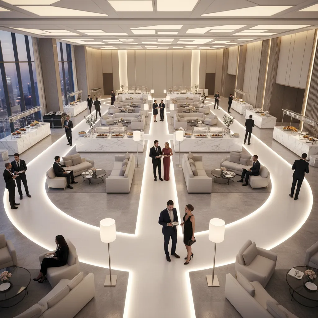 party layout showing wide walkways and guest movement paths