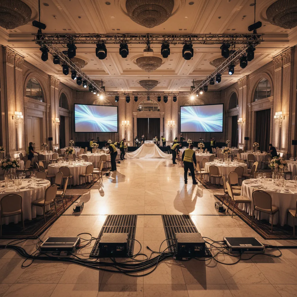 Equipo montando decoración y mobiliario en un evento interior