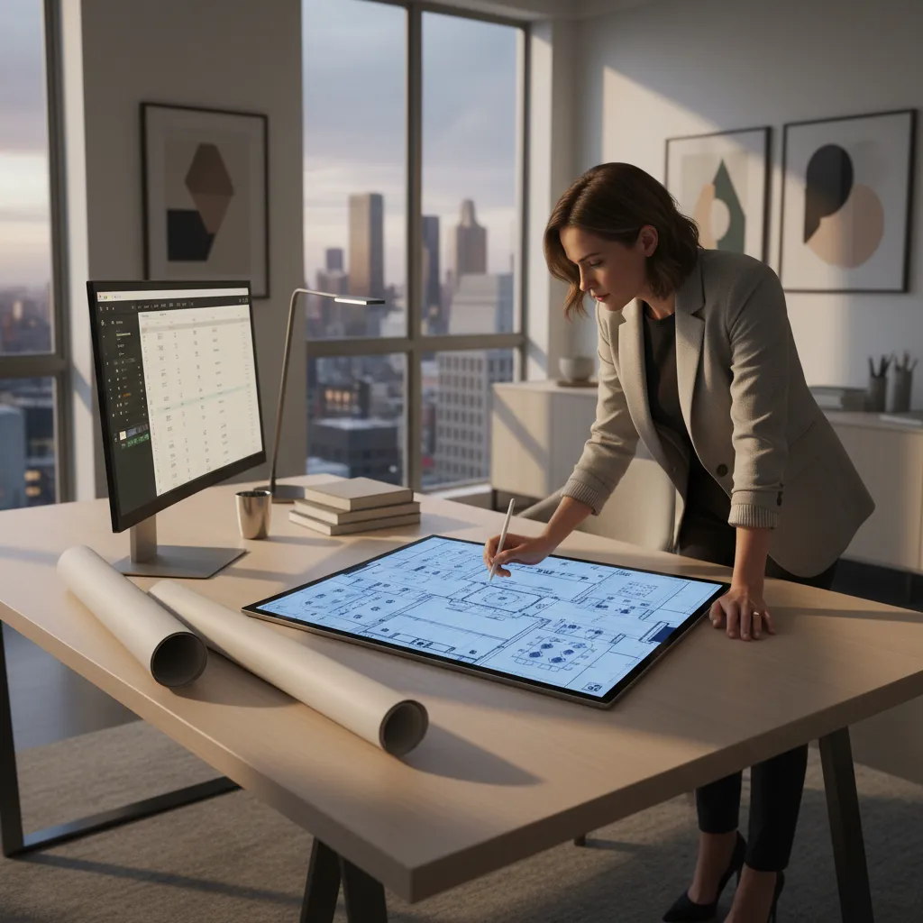 Event planner sketching venue layout and seating zones on tablet
