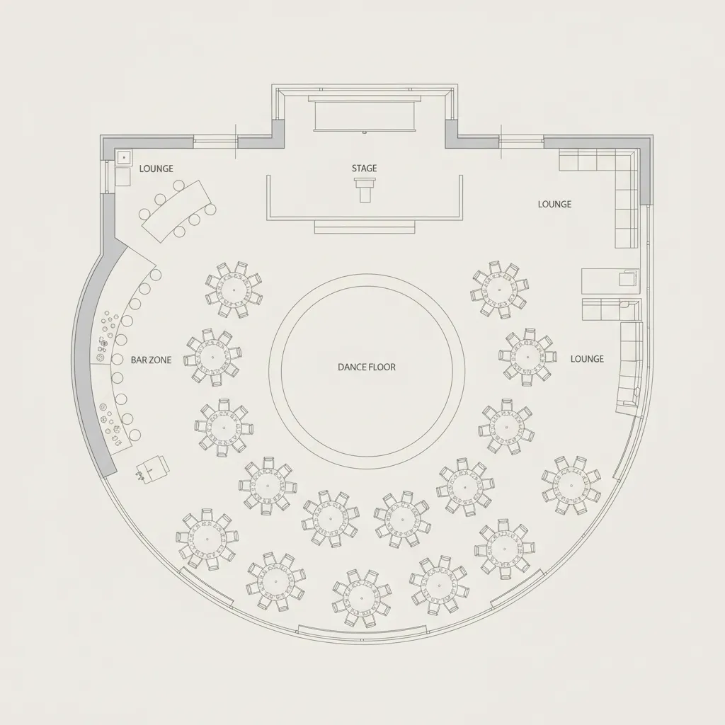 Detailed event floor plan showing dance floor stage bar zone and several round dining tables