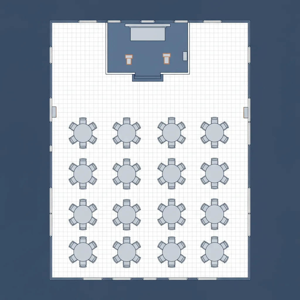 Digital event floor plan showing tables stage and seating layout