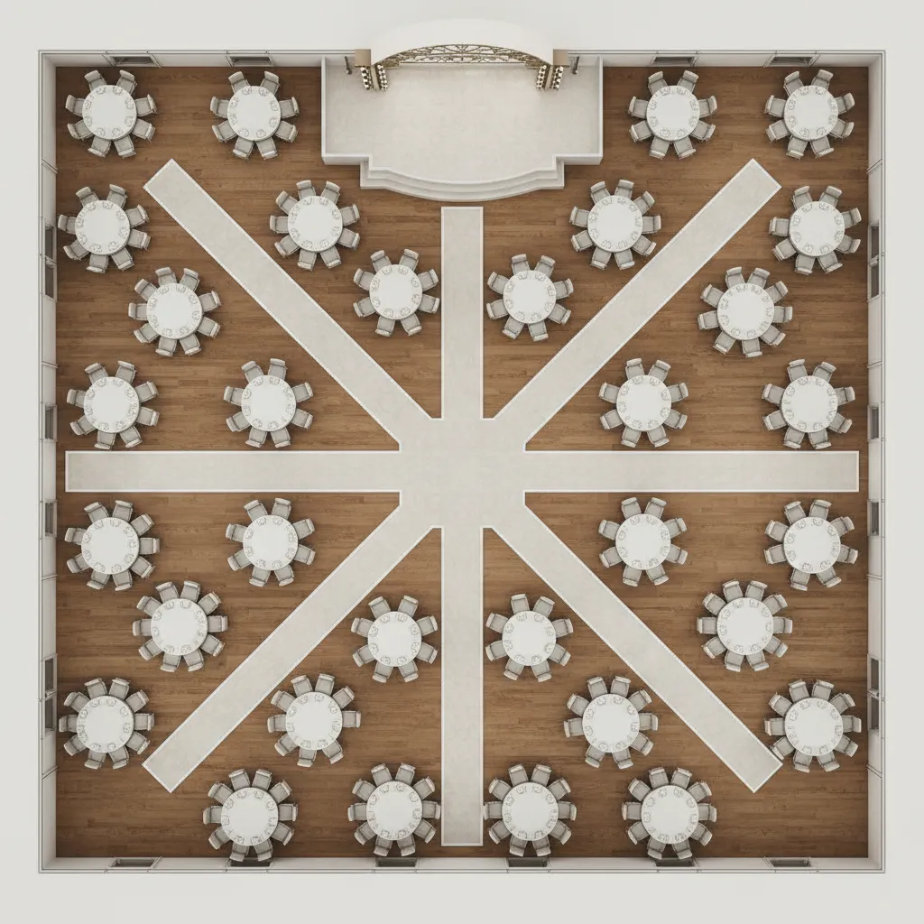 Top down event floor plan showing banquet tables stage and seating layout