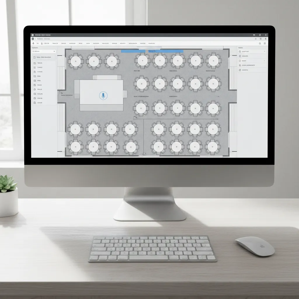 Digital event floor plan software interface showing table layout in a ballroom