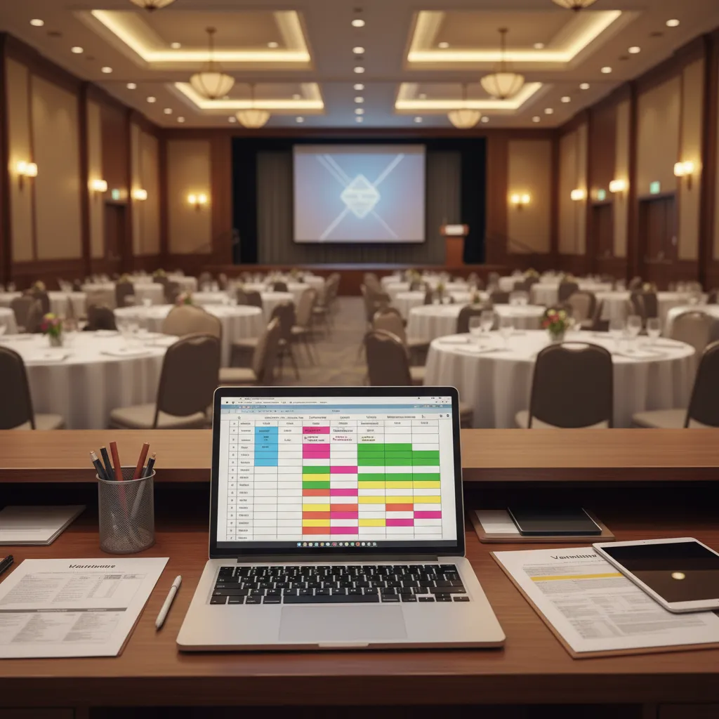 Event venue seating and booth layout planned using spreadsheet grid