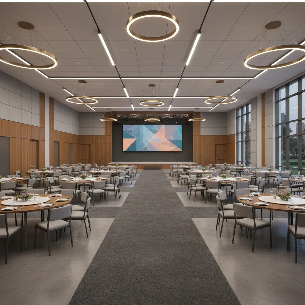 event hall with wide circulation corridors between table clusters