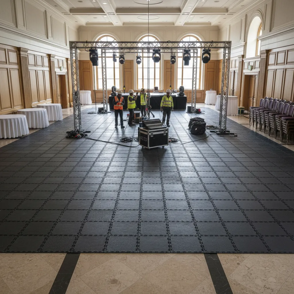 Temporary protective floor panels used during event setup in a banquet hall